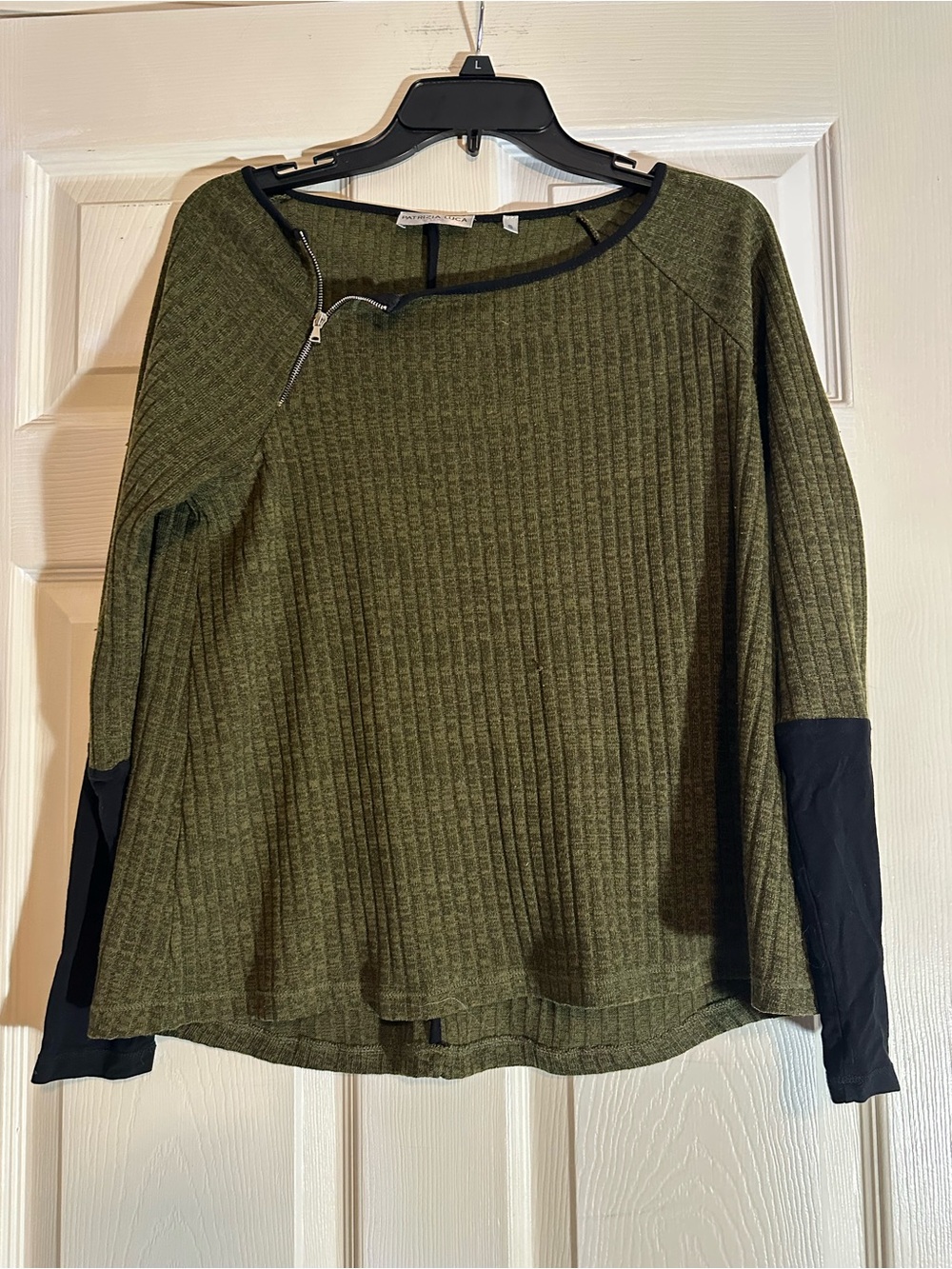 Patrizia Luca Olive Green Ribbed Long Sleeve Top with Black Sleeve Panels